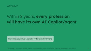 17
Now: Devs (GitHub Copilot)* // Future: Everyone
*developers who used GitHub Copilot completed the task ~55% faster than the developers who didn’t
Why now?
Within 2 years, every profession
will have its own AI Copilot/agent
 