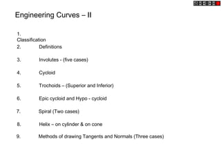 Engineering Curves – II
1.
Classification
2. Definitions
3. Involutes - (five cases)
4. Cycloid
5. Trochoids – (Superior and Inferior)
6. Epic cycloid and Hypo - cycloid
7. Spiral (Two cases)
8. Helix – on cylinder & on cone
9. Methods of drawing Tangents and Normals (Three cases)
 