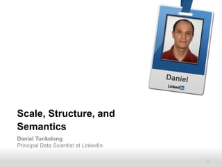 Daniel




Scale, Structure, and
Semantics
Daniel Tunkelang
Principal Data Scientist at LinkedIn

      Recruiting Solutions                      1
 