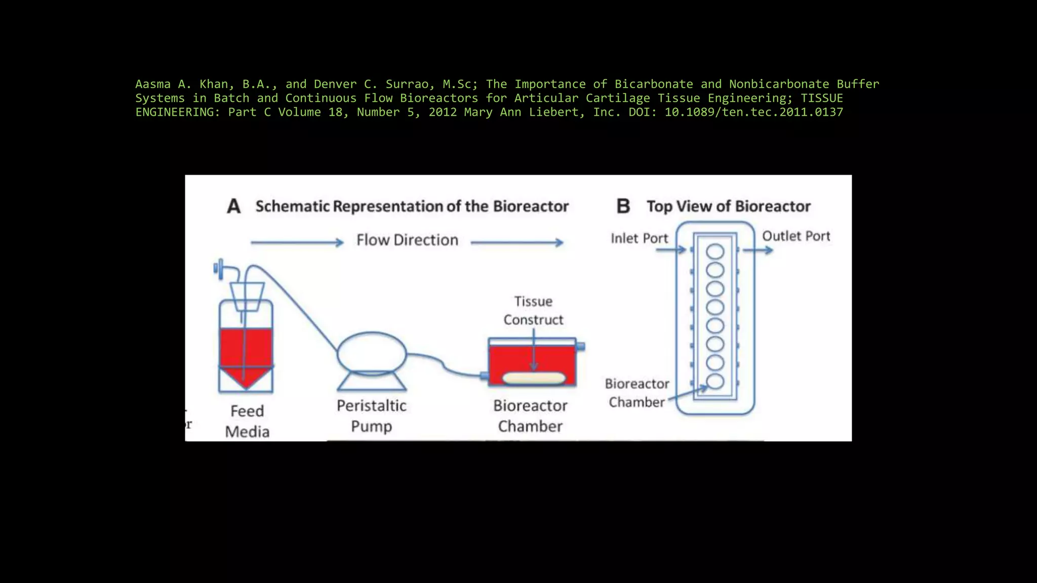 Aasma A. Khan, B.A., and Denver C. Surrao, M.Sc; The Importance of Bicarbonate and Nonbicarbonate Buffer
Systems in Batch and Continuous Flow Bioreactors for Articular Cartilage Tissue Engineering; TISSUE
ENGINEERING: Part C Volume 18, Number 5, 2012 Mary Ann Liebert, Inc. DOI: 10.1089/ten.tec.2011.0137
 