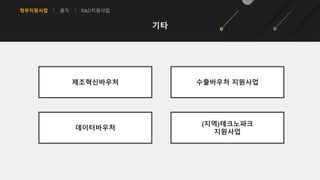 정부지원사업 융자 R&D지원사업
기타
제조혁신바우처 수출바우처 지원사업
데이터바우처
(지역)테크노파크
지원사업
 