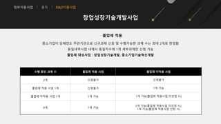 정부지원사업 융자 R&D지원사업
창업성장기술개발사업
졸업제 적용
중소기업이 당해연도 주관기관으로 신규과제 신청 및 수행가능한 과제 수는 최대 2개로 한정함
동일내역사업 내에서 동일차수에 1개 세부과제만 신청 가능
졸업제 대상사업 : 창업성장기술개발, 중소기업기술혁신개발
수행 중인 과제 수 졸업제 적용 사업 졸업제 미적용 사업
2개 신청불가 신청불가
졸업제 적용 사업 1개 신청불가 1개 가능
졸업제 미적용 사업 1개 1개 가능 1개 가능(졸업제 적용사업 미선정 시)
0개 1개 가능
2개 가능(졸업제 적용사업 미선정 시),
1개 가능(졸업제 적용사업 선정 시)
 