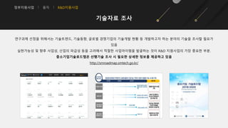 정부지원사업 융자 R&D지원사업
기술자료 조사
연구과제 선정을 위해서는 기술트렌드, 기술동향, 글로벌 경쟁기업의 기술개발 현황 등 개발하고자 하는 분야의 기술을 조사할 필요가
있음
실현가능성 및 향후 사업성, 산업의 파급성 등을 고려해서 적절한 사업아이템을 발굴하는 것이 R&D 지원사업의 가장 중요한 부분.
중소기업기술로드맵은 선행기술 조사 시 필요한 상세한 정보를 제공하고 있음
http://smroadmap.smtech.go.kr/
 