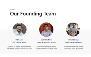 Manu Jain
CEO & Growth Partner.
Creating the strategy and culture where
Startups and Top Talent can help each other.
Suprabhat Sen
CTO & Head of Cloud Division.
Compellingly productize mission-
critical deliverables and global value.
Our Founding Team
PEOPLE
Tarsem Singh
COO and Head of BI Division.
Conveniently developing Business
applications with BI technologies.
 