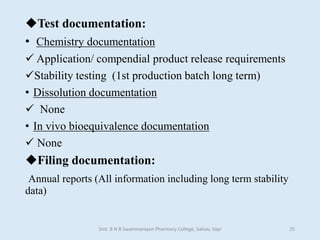 Test documentation:
• Chemistry documentation
 Application/ compendial product release requirements
Stability testing (1st production batch long term)
• Dissolution documentation
 None
• In vivo bioequivalence documentation
 None
Filing documentation:
Annual reports (All information including long term stability
data)
Smt. B N B Swaminarayan Pharmacy College, Salvav, Vapi 25
 