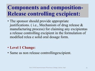 Components and composition-
Release controlling excipient:
• The sponsor should provide appropriate
justifications. ( i.e., Mechanism of drug release &
manufacturing process) for claiming any excipientas
a release controlling excipient in the formulation of
modified relea e solid oral dosage form.
• Level 1 Change:
• Same as non release controllingexcipient.
Smt. B N B Swaminarayan Pharmacy College, Salvav, Vapi 31
 