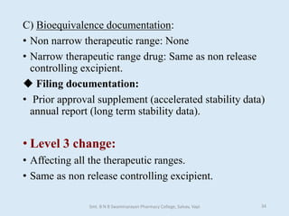C) Bioequivalence documentation:
• Non narrow therapeutic range: None
• Narrow therapeutic range drug: Same as non release
controlling excipient.
 Filing documentation:
• Prior approval supplement (accelerated stability data)
annual report (long term stability data).
• Level 3 change:
• Affecting all the therapeutic ranges.
• Same as non release controlling excipient.
Smt. B N B Swaminarayan Pharmacy College, Salvav, Vapi 34
 