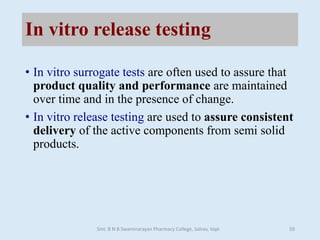 In vitro release testing
• In vitro surrogate tests are often used to assure that
product quality and performance are maintained
over time and in the presence of change.
• In vitro release testing are used to assure consistent
delivery of the active components from semi solid
products.
Smt. B N B Swaminarayan Pharmacy College, Salvav, Vapi 50
 