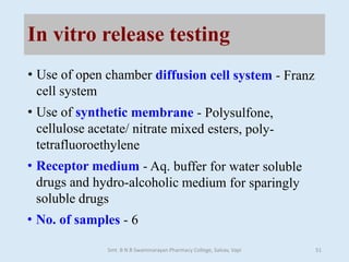 In vitro release testing
Smt. B N B Swaminarayan Pharmacy College, Salvav, Vapi 51
 
