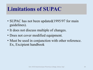 Limitations of SUPAC
• SUPAC has not been updated(1995/97 for main
guidelines).
• It does not discuss multiple of changes.
• Does not cover modified equipment.
• Must be used in conjunction with other reference.
Ex, Excipient handbook
Smt. B N B Swaminarayan Pharmacy College, Salvav, Vapi 54
 
