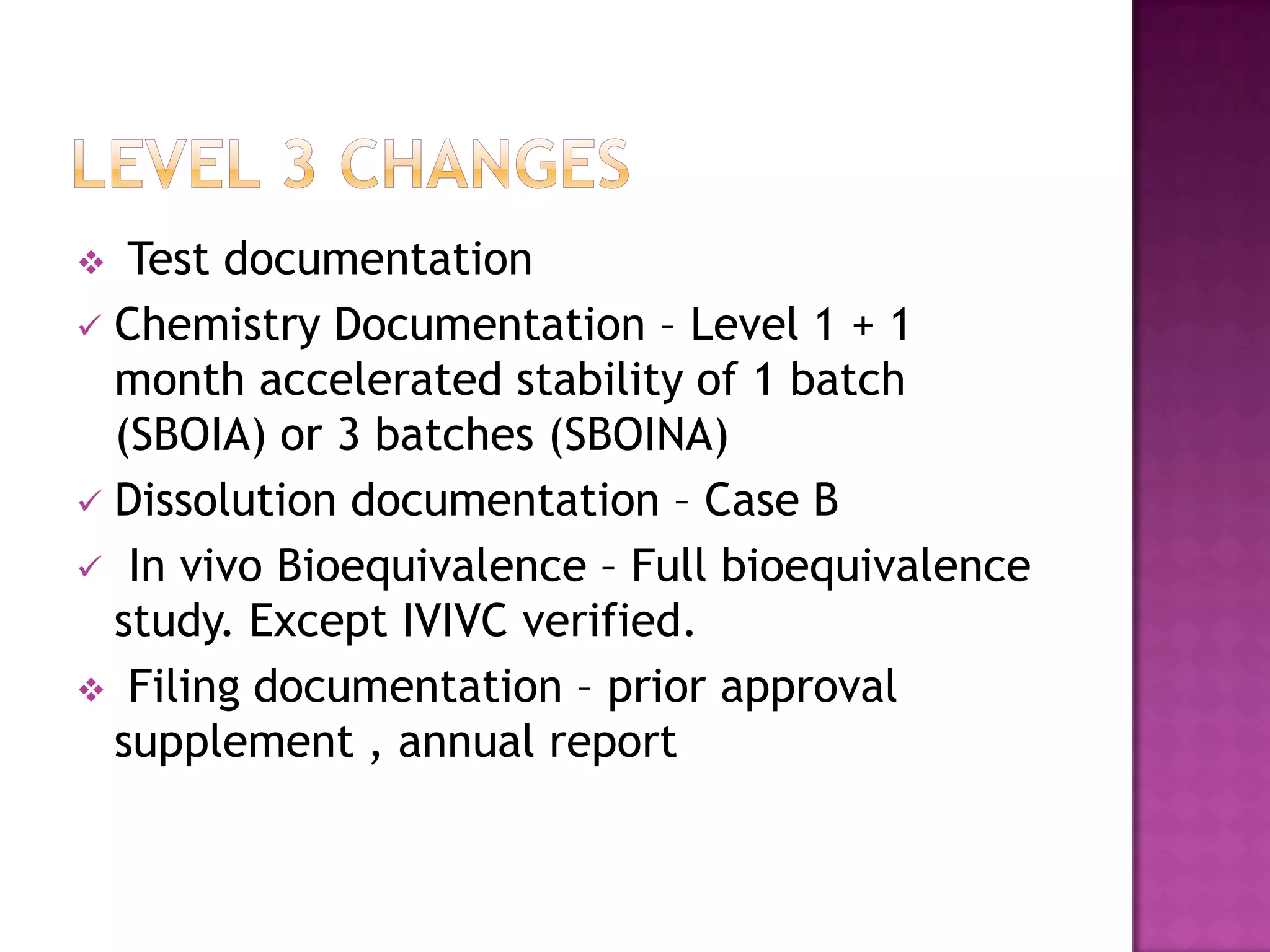   Test documentation
 Chemistry Documentation – Level 1 + 1
  month accelerated stability of 1 batch
  (SBOIA) or 3 batches (SBOINA)
 Dissolution documentation – Case B
 In vivo Bioequivalence – Full bioequivalence
  study. Except IVIVC verified.
 Filing documentation – prior approval
  supplement , annual report
 