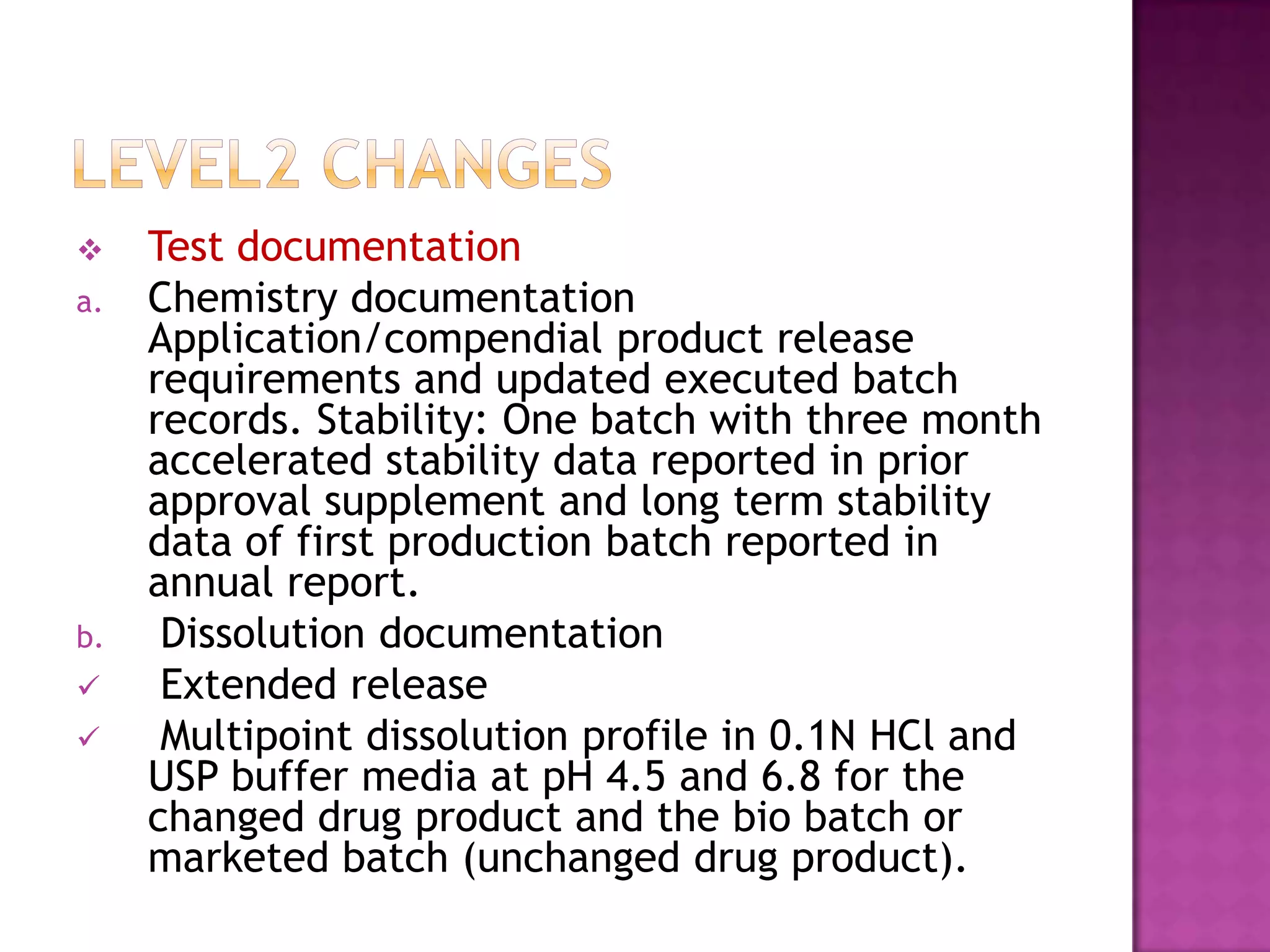     Test documentation
a.   Chemistry documentation
     Application/compendial product release
     requirements and updated executed batch
     records. Stability: One batch with three month
     accelerated stability data reported in prior
     approval supplement and long term stability
     data of first production batch reported in
     annual report.
b.    Dissolution documentation
     Extended release
     Multipoint dissolution profile in 0.1N HCl and
     USP buffer media at pH 4.5 and 6.8 for the
     changed drug product and the bio batch or
     marketed batch (unchanged drug product).
 
