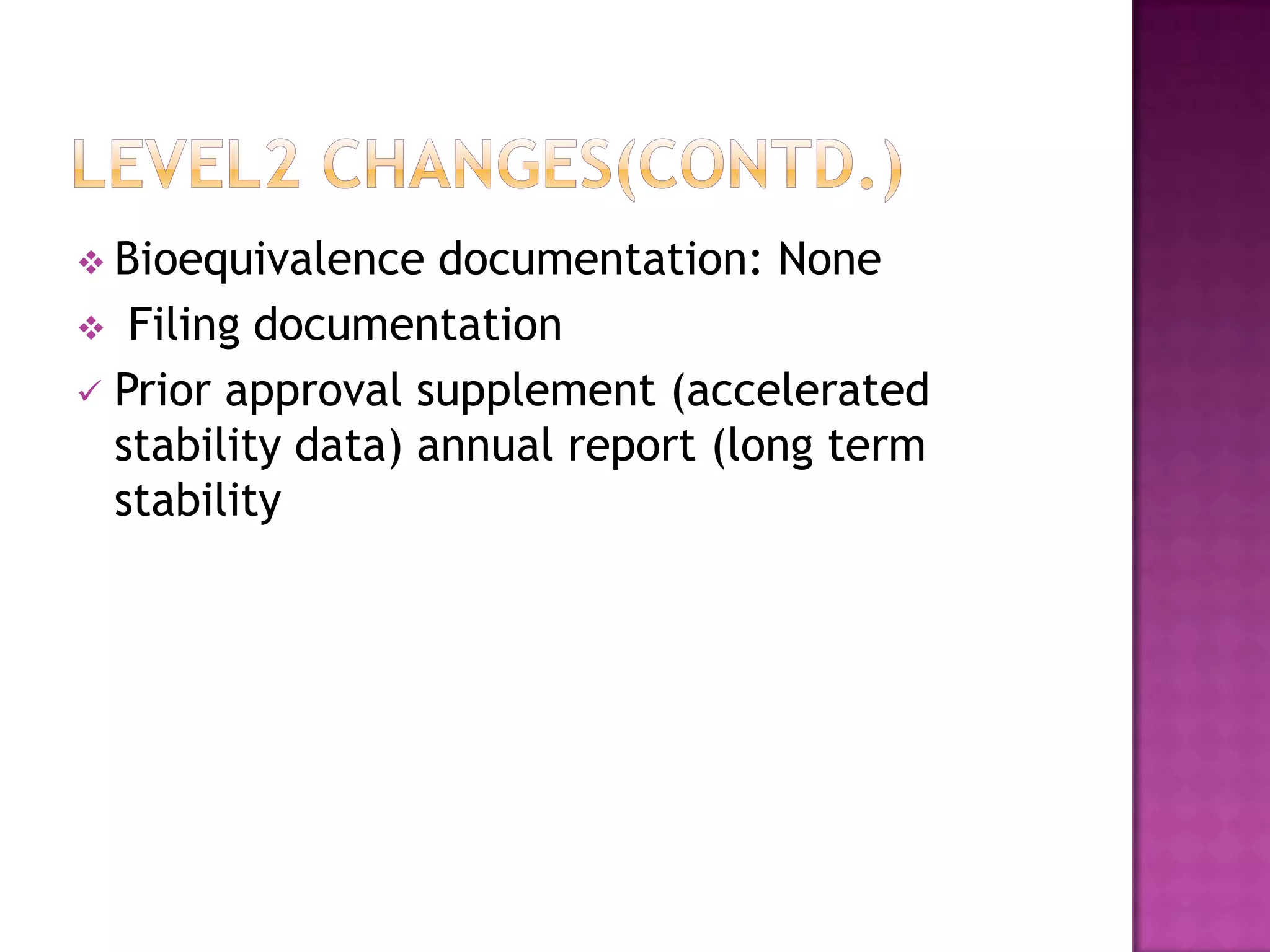  Bioequivalence   documentation: None
 Filing documentation
 Prior approval supplement (accelerated
  stability data) annual report (long term
  stability
 