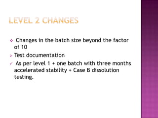   Changes in the batch size beyond the factor
  of 10
 Test documentation
 As per level 1 + one batch with three months
  accelerated stability + Case B dissolution
  testing.
 