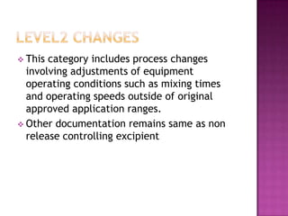  This category includes process changes
  involving adjustments of equipment
  operating conditions such as mixing times
  and operating speeds outside of original
  approved application ranges.
 Other documentation remains same as non
  release controlling excipient
 