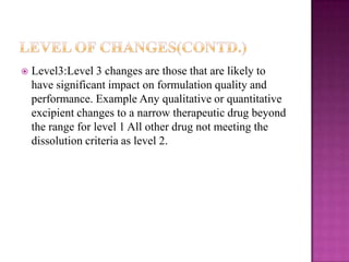    Level3:Level 3 changes are those that are likely to
    have significant impact on formulation quality and
    performance. Example Any qualitative or quantitative
    excipient changes to a narrow therapeutic drug beyond
    the range for level 1 All other drug not meeting the
    dissolution criteria as level 2.
 