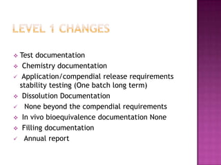  Test documentation
 Chemistry documentation
 Application/compendial release requirements
  stability testing (One batch long term)
 Dissolution Documentation
 None beyond the compendial requirements
 In vivo bioequivalence documentation None
 Filling documentation
 Annual report
 