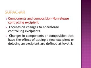  Components  and composition-Nonrelease
 controlling excipient
 Focuses on changes to nonrelease
 controlling excipients...