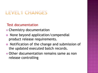 Test documentation
 Chemistry documentation
 None beyond application/compendial
  product release requirements.
 Notifi...