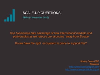 SCALE-UP QUESTIONS
BBAA (1 November 2016)
Sherry Coutu CBE
#scaleup
http://www.scaleupreport.com
http://www.scaleupinstitute.org.uk
Can businesses take advantage of new international markets and
partnerships as we refocus our economy away from Europe
Do we have the right ecosystem in place to support this?
 