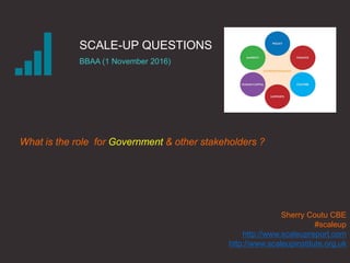SCALE-UP QUESTIONS
BBAA (1 November 2016)
Sherry Coutu CBE
#scaleup
http://www.scaleupreport.com
http://www.scaleupinstitute.org.uk
What is the role for Government & other stakeholders ?
 