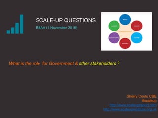 SCALE-UP QUESTIONS
BBAA (1 November 2016)
Sherry Coutu CBE
#scaleup
http://www.scaleupreport.com
http://www.scaleupinstitute.org.uk
What is the role for Government & other stakeholders ?
 