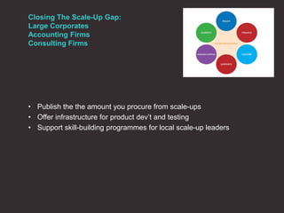 Closing The Scale-Up Gap:
Large Corporates
Accounting Firms
Consulting Firms
• Publish the the amount you procure from scale-ups
• Offer infrastructure for product dev’t and testing
• Support skill-building programmes for local scale-up leaders
 