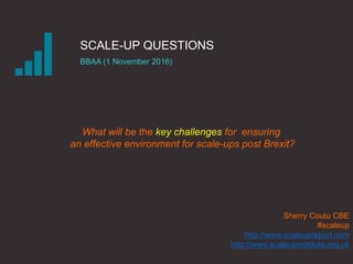 SCALE-UP QUESTIONS
BBAA (1 November 2016)
Sherry Coutu CBE
#scaleup
http://www.scaleupreport.com
http://www.scaleupinstitute.org.uk
What will be the key challenges for ensuring
an effective environment for scale-ups post Brexit?
 