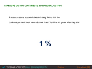 |THE SCALE-UP REPORT ON UK ECONOMIC GROWTH Sherry Coutu CBE
STARTUPS DO NOT CONTRIBUTE TO NATIONAL OUTPUT
Research by the academic David Storey found that the
Just one per cent have sales of more than £1 million six years after they star
1 %
#scaleup
 