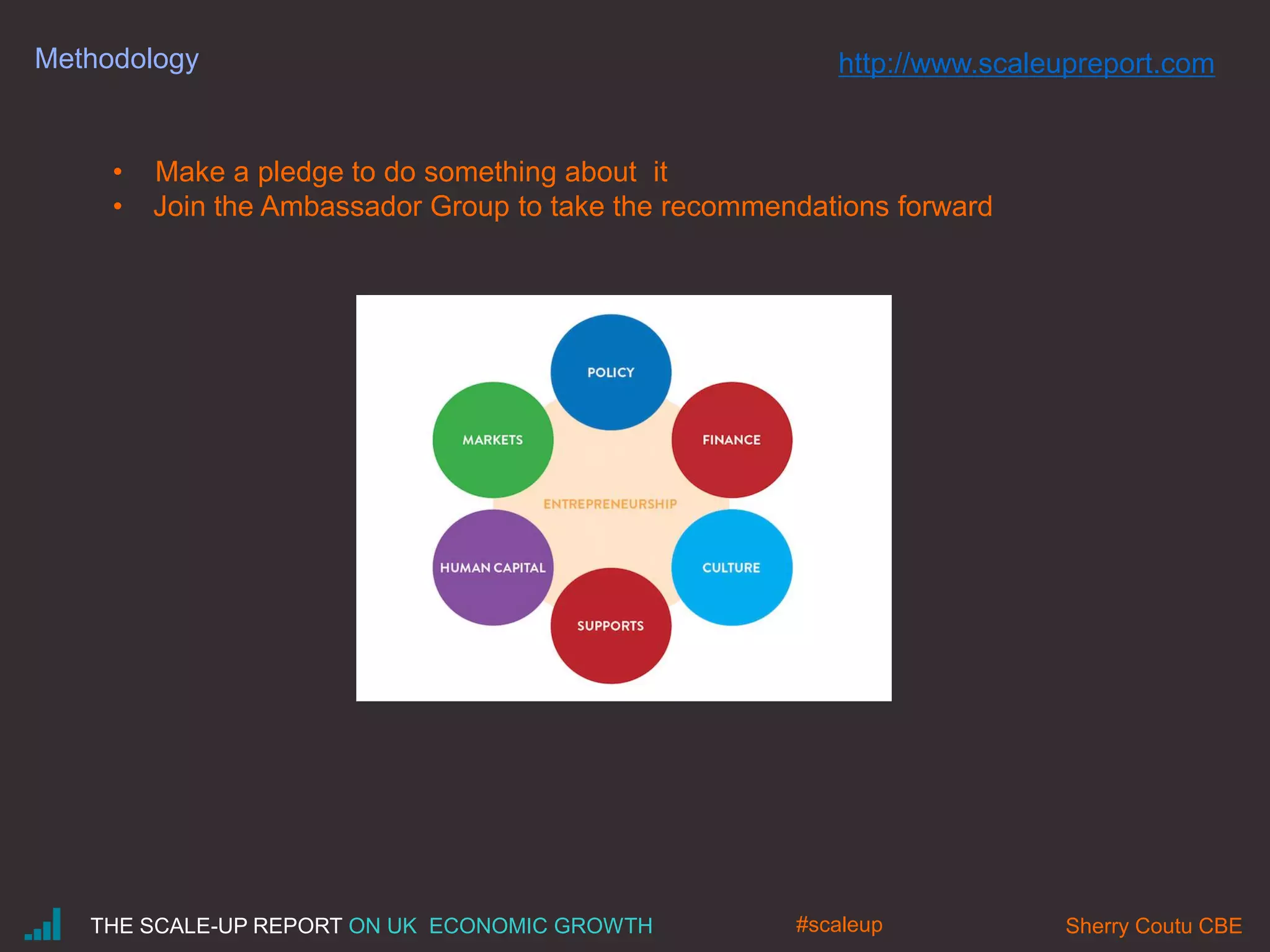 Methodology
• Make a pledge to do something about it
• Join the Ambassador Group to take the recommendations forward
THE SCALE-UP REPORT ON UK ECONOMIC GROWTH Sherry Coutu CBE
http://www.scaleupreport.com
#scaleup
 