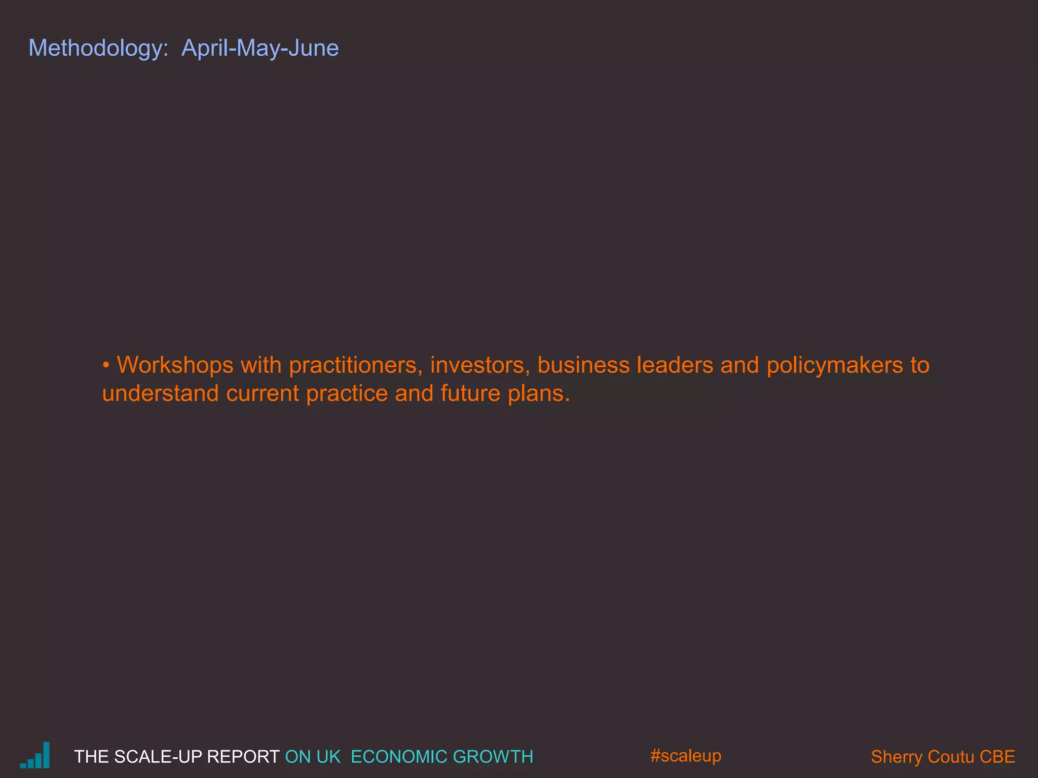 Methodology: April-May-June
• Workshops with practitioners, investors, business leaders and policymakers to
understand current practice and future plans.
THE SCALE-UP REPORT ON UK ECONOMIC GROWTH Sherry Coutu CBE#scaleup
 