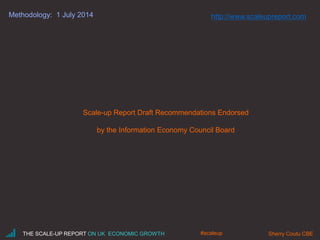 Methodology: 1 July 2014
Scale-up Report Draft Recommendations Endorsed
by the Information Economy Council Board
THE SCALE-UP REPORT ON UK ECONOMIC GROWTH Sherry Coutu CBE#scaleup
http://www.scaleupreport.com
 