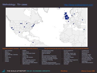 Methodology: 75+ cases
41. LoveWork UK
42. The Up Group
43. Mentorsme
44. Cambridge Ahead
45. The Science Fifty
46. The Cambridge Fifty
47. Business Growth Fund
48. Founders4Schools
49. Apps4good
50. Silicon Milkroundabout
20. WPI BioProcess Center
21. General Assembly
22. Start-up Institute
23. H2
24. Microsoft Partner Programme
25. Microsoft Technology Centres
26. Coca-Cola Accelerator Program
27. Telefonica’s Think Big
28. Endeavor
29. GS 10,000 Small Businesses
30. Santander Breakthrough Programme
Government-led/funded initiatives
10. DARPA
11. CIA/In-Q-Tel
12. National Business Cluster
Alliance
13. Future Fifty
14. London and Partners
15. NACUE
16. BCS computing curriculum
17. BIS Growth Accelerator
18. Digital Business Skills Alliance
19. CBI’s M-Clubs
Non-government (private sector and/or university and/or not-for-profit-led) intiativesRegional ecosystem examples
1. San Francisco
2. Mexico
3. Milwaukee
4. Manziales-Mas, Colombia
5. Brazil
6. Puerto Rico
7. France
8. Estonia
9. Ukraine
31. ELITE Programme
32. SVC2UK
33. Cambridge Cluster map
34. Tech London Advocates
35. VentureScout
36. The Growth Partner
Programme
37. Cranfield’s BGD Programme
38. The Supper Club
39. Code Club
40. Decoded
THE SCALE-UP REPORT ON UK ECONOMIC GROWTH Sherry Coutu CBE#scaleup
http://www.scaleupreport.com
 