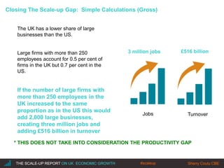 |THE SCALE-UP REPORT ON UK ECONOMIC GROWTH Sherry Coutu CBETHE SCALE-UP REPORT ON UK ECONOMIC GROWTH Sherry Coutu CBE
The UK has a lower share of large
businesses than the US.
Large firms with more than 250
employees account for 0.5 per cent of
firms in the UK but 0.7 per cent in the
US.
If the number of large firms with
more than 250 employees in the
UK increased to the same
proportion as in the US this would
add 2,000 large businesses,
creating three million jobs and
adding £516 billion in turnover
Jobs Turnover
3 million jobs £516 billion
Closing The Scale-up Gap: Simple Calculations (Gross)
* THIS DOES NOT TAKE INTO CONSIDERATION THE PRODUCTIVITY GAP
#scaleup
 