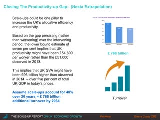 |THE SCALE-UP REPORT ON UK ECONOMIC GROWTH Sherry Coutu CBE
Scale-ups could be one pillar to
increase the UK’s allocative efficiency
and productivity.
Based on the gap persisting (rather
than worsening) over the intervening
period, the lower bound estimate of
seven per cent implies that UK
productivity might have been £54,600
per worker rather than the £51,000
observed in 2013.
This implies that UK GVA might have
been £96 billion higher than observed
in 2014 – over five per cent of total
UK GDP in today’s prices.
Assume scale-ups account for 40%
over 20 years = £ 768 billion
additional turnover by 2034
THE SCALE-UP REPORT ON UK ECONOMIC GROWTH Sherry Coutu CBE
Turnover
£ 768 billion
Closing The Productivity-up Gap: (Nesta Extrapolation)
#scaleup
 