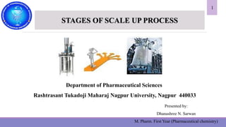 1
Department of Pharmaceutical Sciences
Rashtrasant Tukadoji Maharaj Nagpur University, Nagpur 440033
Presented by:
Dhanashree N. Sarwan
M. Pharm. First Year (Pharmaceutical chemistry)
STAGES OF SCALE UP PROCESS
 