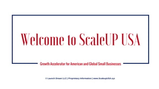 Our Focus
Impact the Business owners, our local
community, our nation, and the world!
Welcome to ScaleUP USA
Growth Accelerator for American and Global Small Businesses
© Launch Dream LLC | Proprietary Information | www.ScaleupUSA.xyz
 