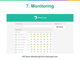 7. Monitoring
API	
  Status	
  Monitoring	
  from	
  statuscake.com	
  
 
