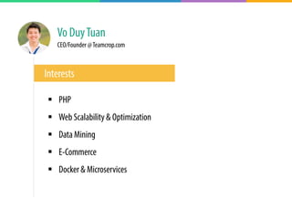 Vo DuyTuan
CEO/Founder @Teamcrop.com
§  PHP
§  Web Scalability & Optimization
§  Data Mining
§  E-Commerce
§  Docker & Microservices
Interests
 