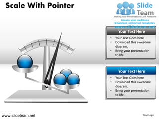 Scale With Pointer


                           Your Text Here
                      •   Your Text Goes here
                      •   Download this awesome
                          diagram.
                      •   Bring your presentation
                          to life.



                           Your Text Here
                      •   Your Text Goes here
                      •   Download this awesome
                          diagram.
                      •   Bring your presentation
                          to life.




www.slideteam.net                           Your Logo
 