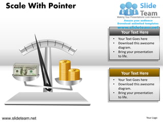 Scale With Pointer


                           Your Text Here
                      •   Your Text Goes here
                      •   Download this awesome
                          diagram.
                      •   Bring your presentation
                          to life.



                           Your Text Here
                      •   Your Text Goes here
                      •   Download this awesome
                          diagram.
                      •   Bring your presentation
                          to life.




www.slideteam.net                           Your Logo
 