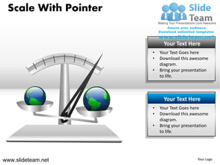 Scale With Pointer


                           Your Text Here
                      •   Your Text Goes here
                      •   Download this awesome
                          diagram.
                      •   Bring your presentation
                          to life.



                           Your Text Here
                      •   Your Text Goes here
                      •   Download this awesome
                          diagram.
                      •   Bring your presentation
                          to life.




www.slideteam.net                           Your Logo
 