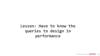 © 2015 MapR Technologies 112
Denormalization
Denormalization
OrderId Data:date item:id1 item:id2 item:id3
123 20131010 $10 $20 $9.45
Order & Order_Items in same table
Duplicating data in
more than one table
Replacement
for JOINs
 