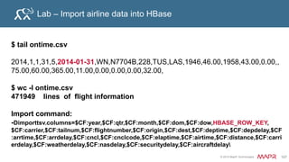 © 2015 MapR Technologies 113
Parent-Child Relationship –Nested Entity
Order
OrderItem
Key Data:date items:id1 items:id2
OrderId 20131010 $100 $50
n
1
Nested Entities
Qualifiers
Row key:
OrderId
Column qualifiers:
line Item ids
Nested
A one-to-many relationship can be modeled as a single row
Embedded, Nested Entity
Reads are faster across a cluster
retrieve data about entity and related entities in one read
 
