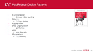 © 2015 MapR Technologies 165
Hive Query Plan – (2)
output
hive> SELECT AVG(price) FROM trades WHERE key LIKE "GOOG%";
col0
Trades
table
group
aggregations:
avg(price)
scan filter
Select
key like 'GOOG%
Select price
Group by
map()
map()
map()
reduce()
reduce()
 