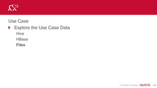 © 2015 MapR Technologies 204
Define Data Interaction & Schema Detection
SELECT `month`, SUM(order_total)
as sales FROM hive.orders GROUP
BY `month` ORDER BY sales desc;
Storage system type
 