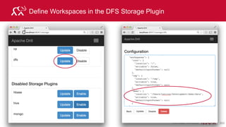 © 2015 MapR Technologies 218
Drill Generates a Physical Plan, based on available operations
• A Physical Plan is composed of major Fragments
• Each operator has a particular OperatorId.
• You can capture a JSON representation of this plan, modify manually and submit
> !set maxwidth 10000
> explain plan for select * from customer limit 5;
…
00-00 Screen
00-01 Project
00-02 Project
00-03 HashJoin
00-04 Project
00-05 Scan
00-06 Project
00-07 Scan
Major Fragment Id Operator Id
project
scan
Project
scan
HashJoin
Project
7 6
3
45
2
Screen
Project 1
0
 