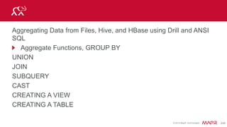 © 2015 MapR Technologies 261
Combining and Aggregating Data from Files, Hive, and HBase
using Drill and ANSI SQL
• GROUP BY
• UNION
• JOIN
• SUBQUERY
• CAST
• CREATING A VIEW
CREATING A TABLE
 