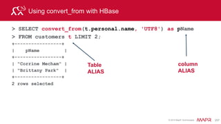© 2015 MapR Technologies 274
Find the longest airline delays
select rowkey, arrdelay, carrierdelay from dfs.mydata.airdelayview
order by arrdelay desc limit 20;
1 row
 
