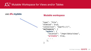 © 2015 MapR Technologies 279
Results of Query JSON with Complex Data Types
table.column.column notation :
select t.user_info.cust_id
as custid,
t.user_info.device
as device,
t.user_info.state
as state
from `clicks/clicks.json` t
limit 5;
 